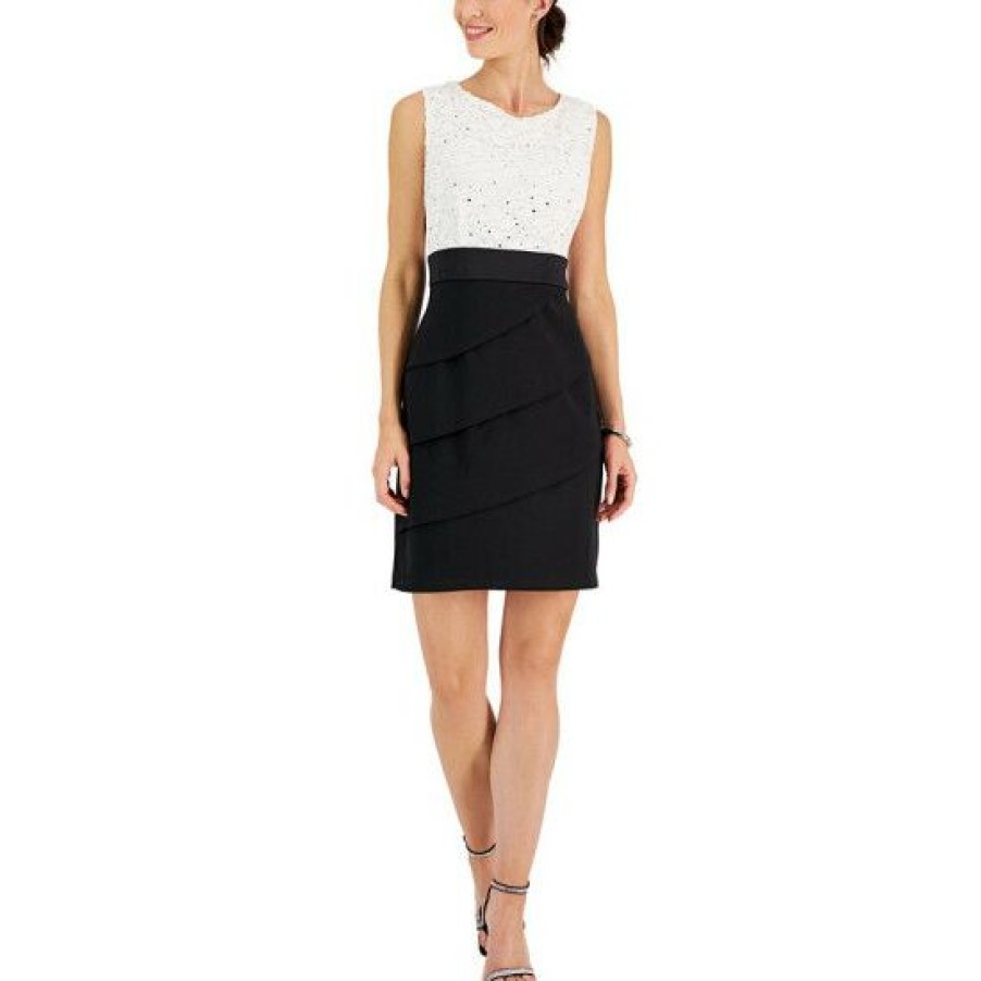 Women * | Coupon Connected Petite Colorblocked Mixed-Media Sheath Dress Ivory/Gold/Black