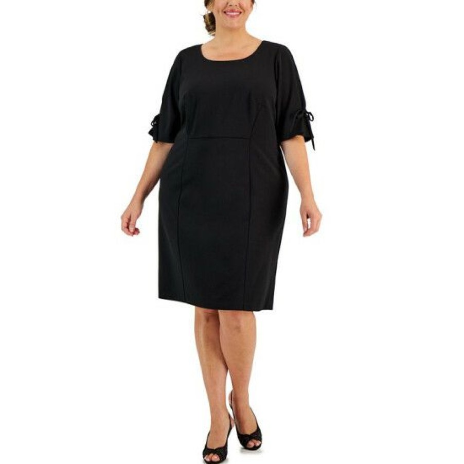 Women * | Coupon Connected Plus Size Round-Neck Tie-Sleeve Sheath Dress Black