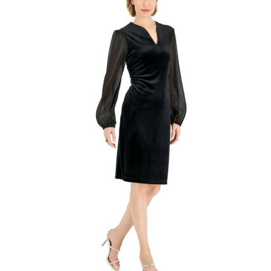 Women * | Discount Connected Women'S Velvet V-Neck Sheath Dress Black