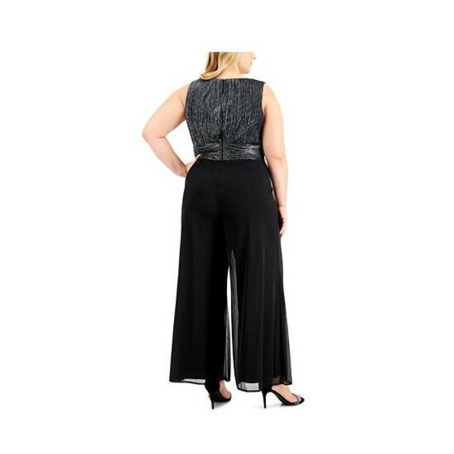 Women * | Hot Sale Connected Plus Size Metallic Wide-Leg Cropped Jumpsuit Black Silver