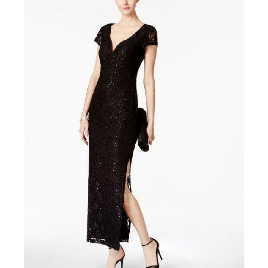 Women * | Budget Connected Sequined Lace Column Gown Black