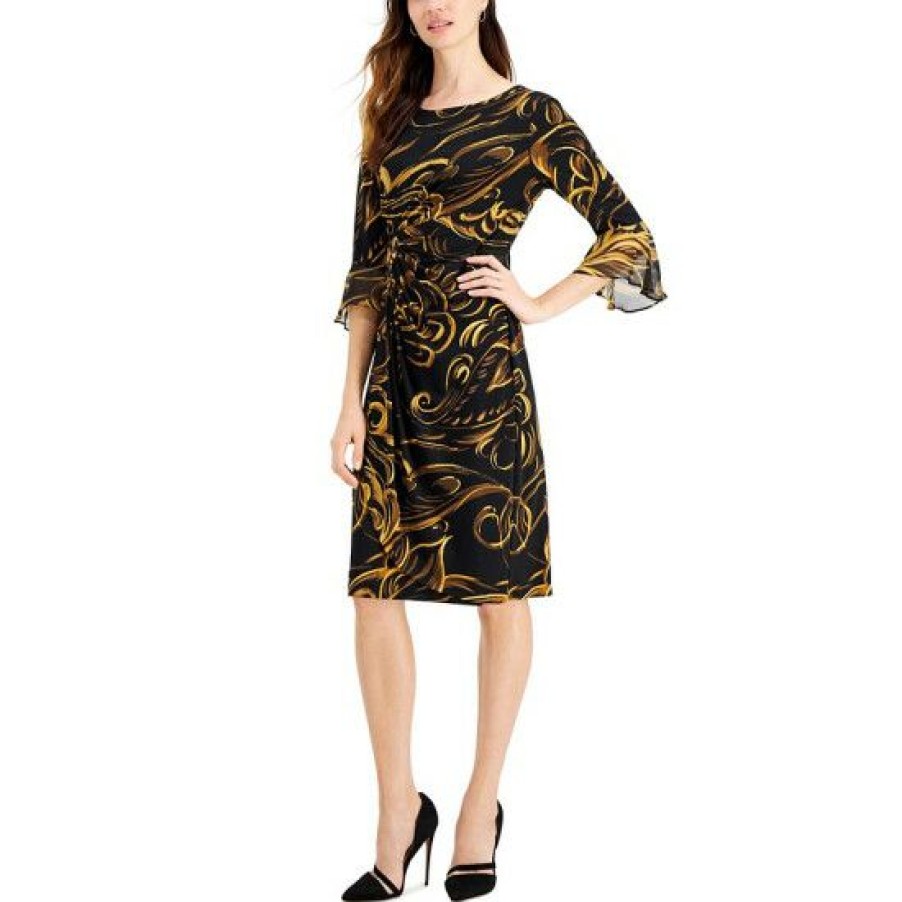 Women * | Best Deal Connected Printed Bell-Sleeve Dress Mustard