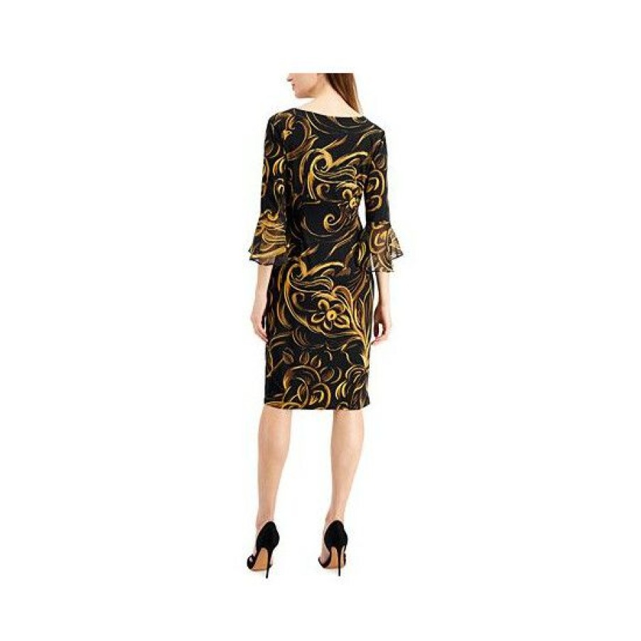 Women * | Best Deal Connected Printed Bell-Sleeve Dress Mustard