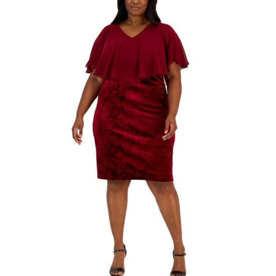 Women * | Discount Connected Plus Size Popover Velvet Sheath Dress Scarlet