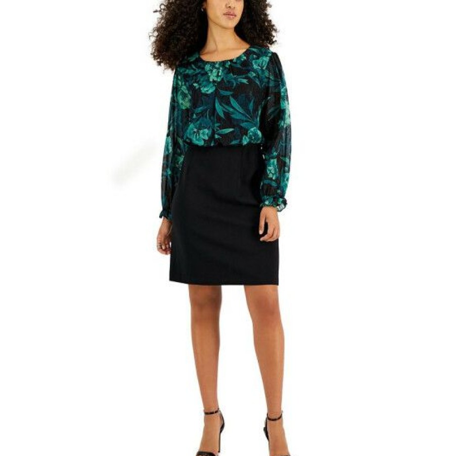 Women * | Discount Connected Petite Mixed-Media Long-Sleeve Dress Emerald