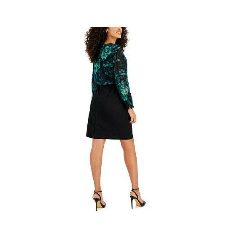 Women * | Discount Connected Petite Mixed-Media Long-Sleeve Dress Emerald