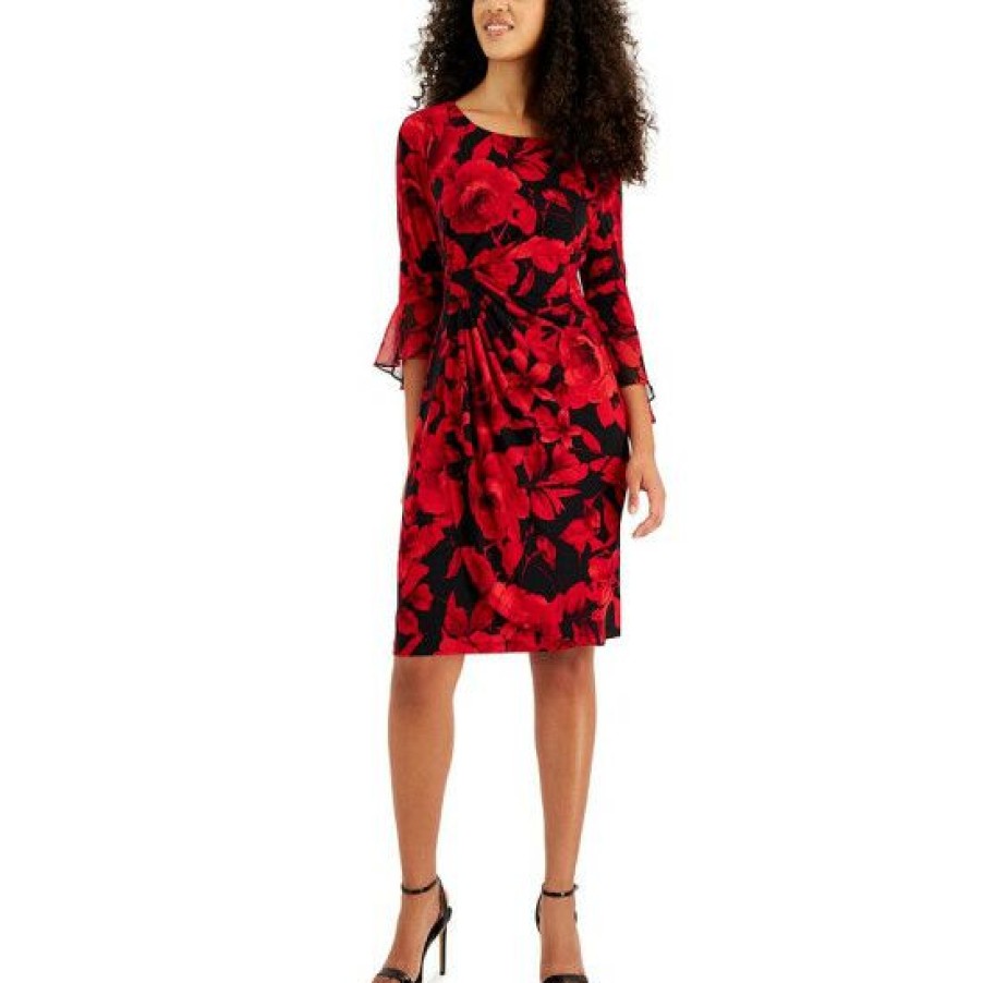 Women * | Deals Connected Petite Printed Round-Neck Side-Tab Dress Red