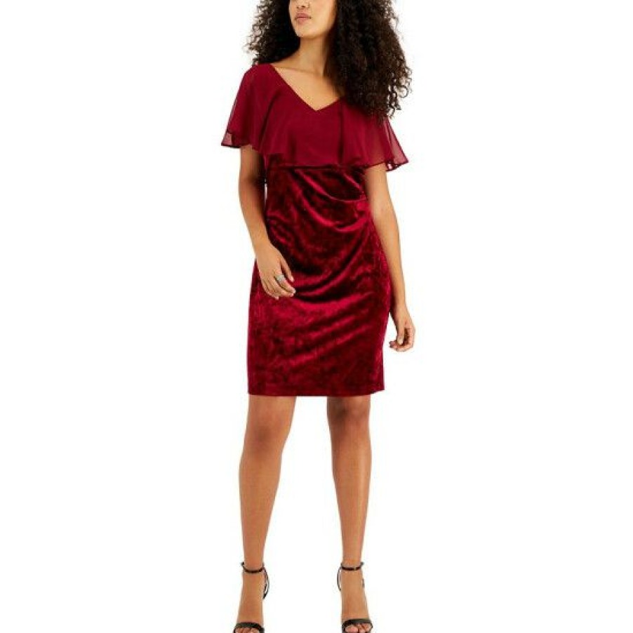 Women * | Best Sale Connected Petite Popover V-Neck Velvet Sheath Dress Red