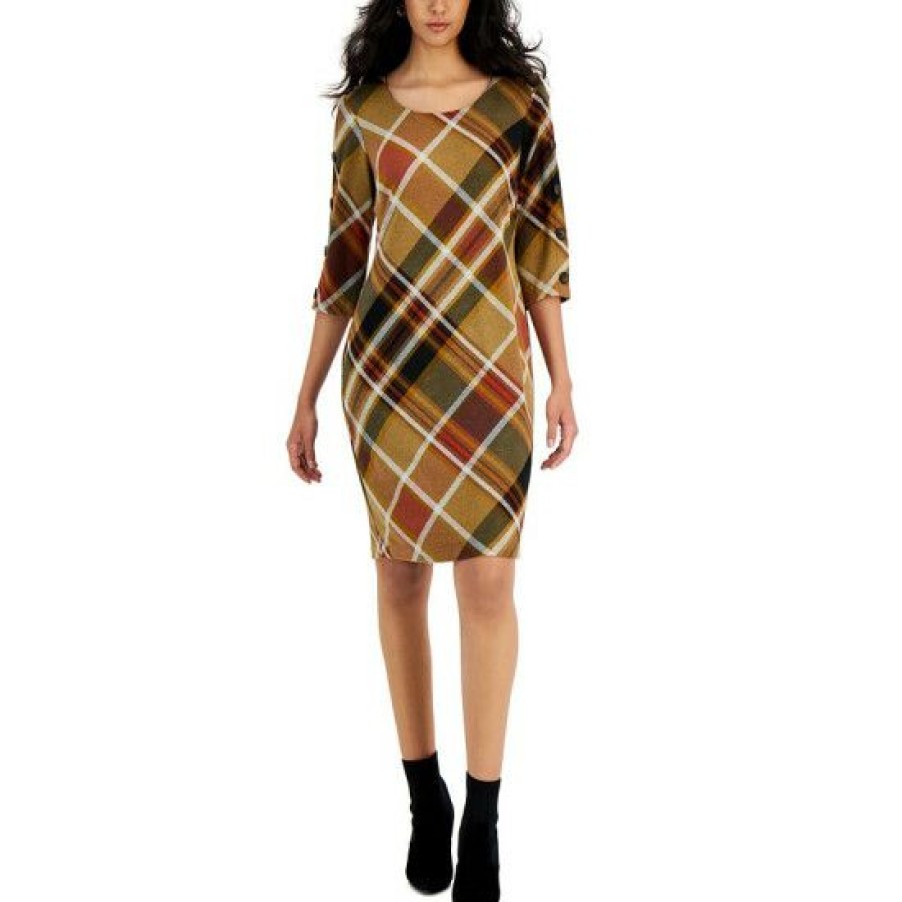 Women * | Cheapest Connected Women'S Printed Button-Sleeve Sweater Dress Spice