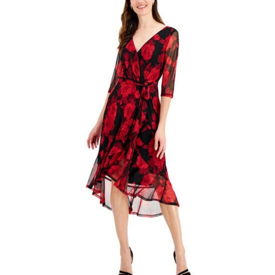 Women * | Best Deal Connected Floral-Print Chiffon Faux-Wrap Dress Red