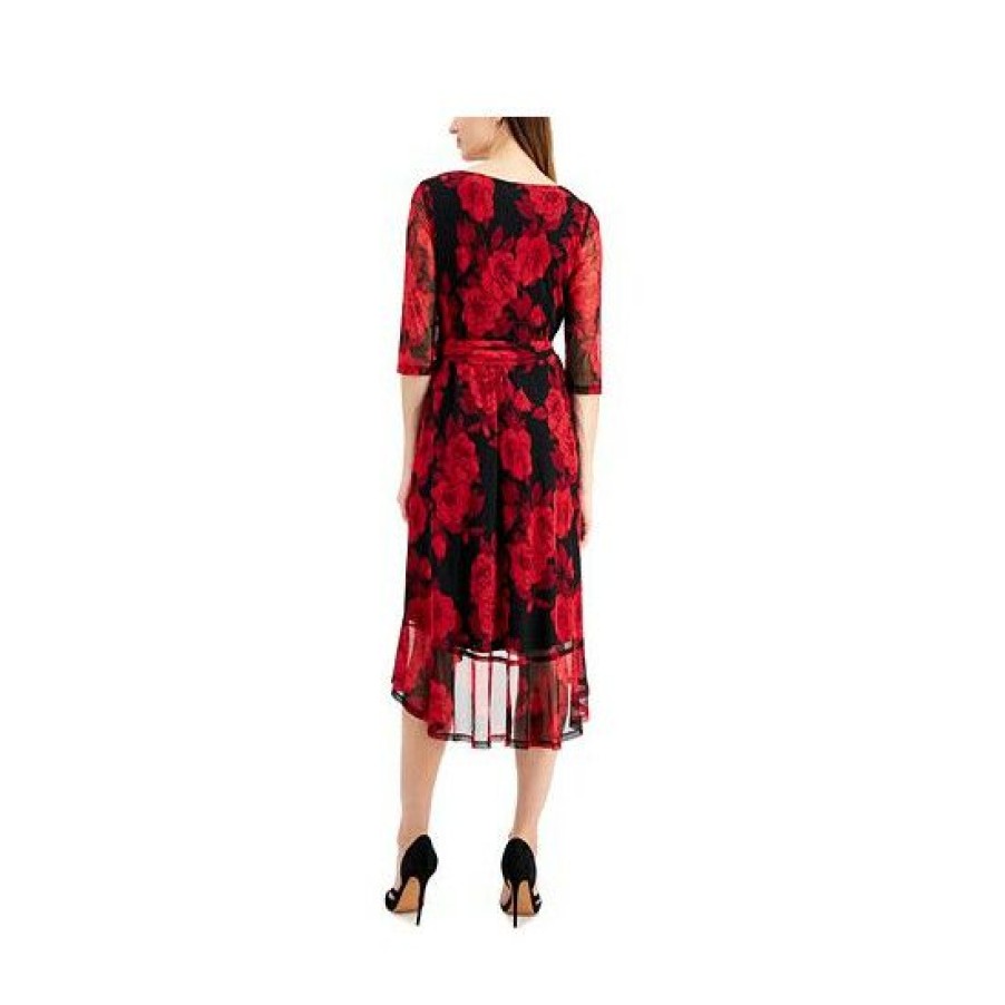 Women * | Best Deal Connected Floral-Print Chiffon Faux-Wrap Dress Red