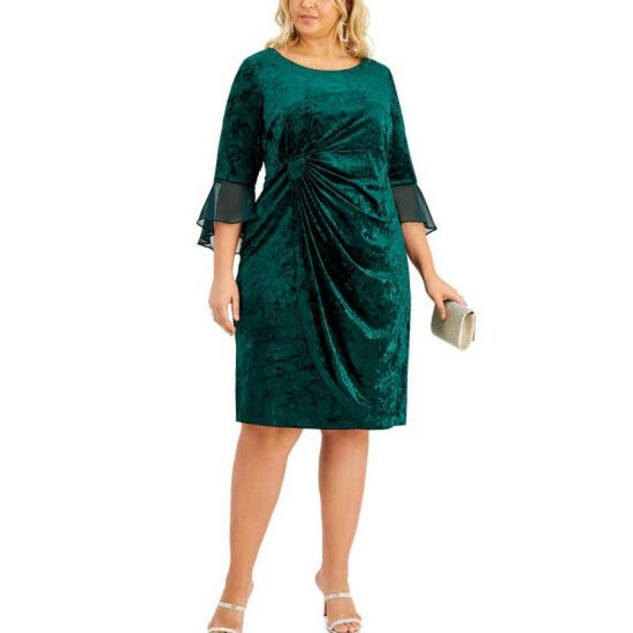 Women * | Best Reviews Of Connected Plus Size Side-Tab Velvet Dress Hunter