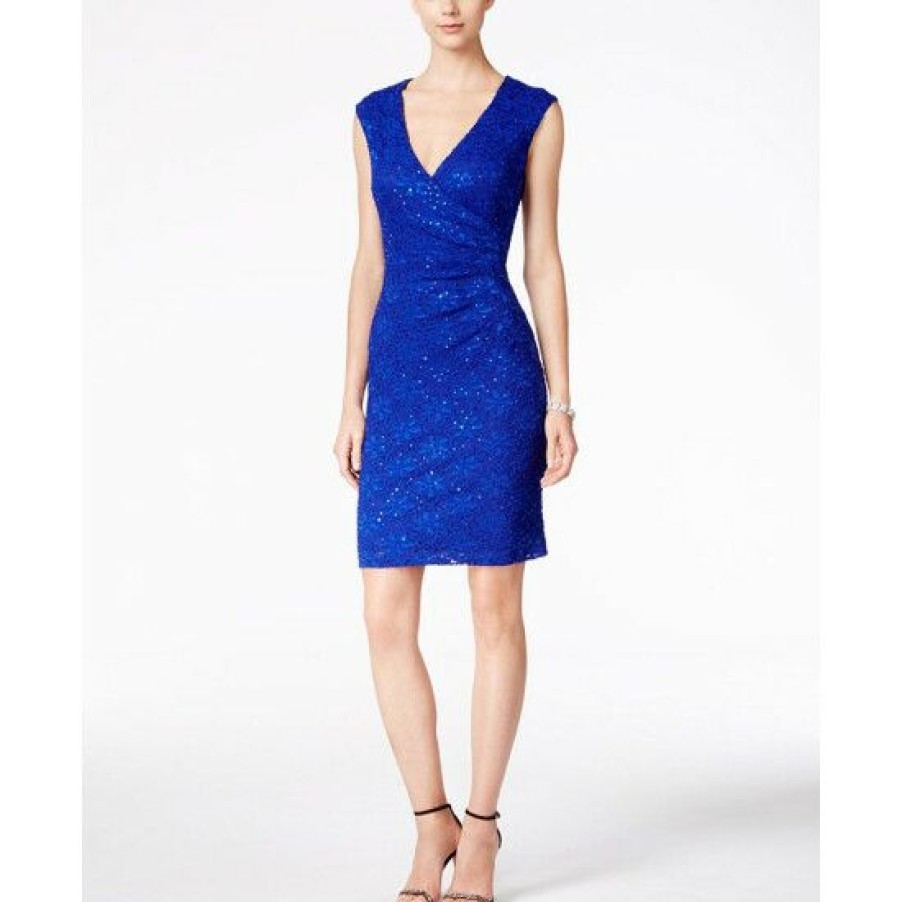 Women * | Brand New Connected Sequined Lace Sheath Dress Cobalt Blue