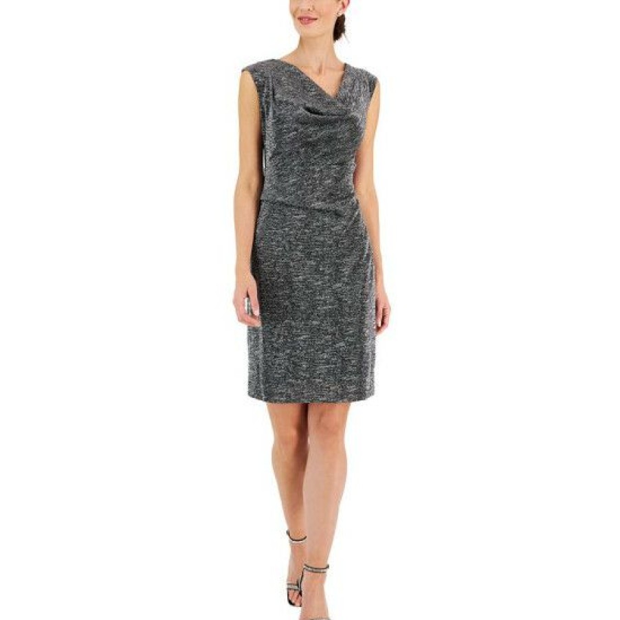 Women * | Deals Connected Petite Glitter-Knit Asymmetric-Neck Dress Silver