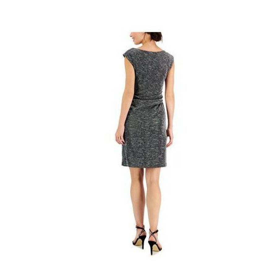 Women * | Deals Connected Petite Glitter-Knit Asymmetric-Neck Dress Silver