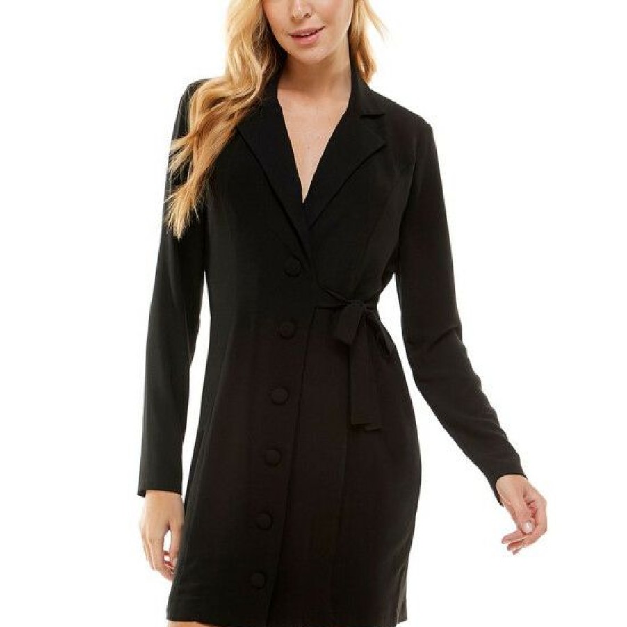 Women * | Buy City Studios Juniors' Collared Button-Front Side-Tie Dress Black