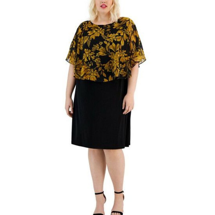 Women * | Best Sale Connected Plus Size Printed-Overlay Jersey-Knit Dress Mustard