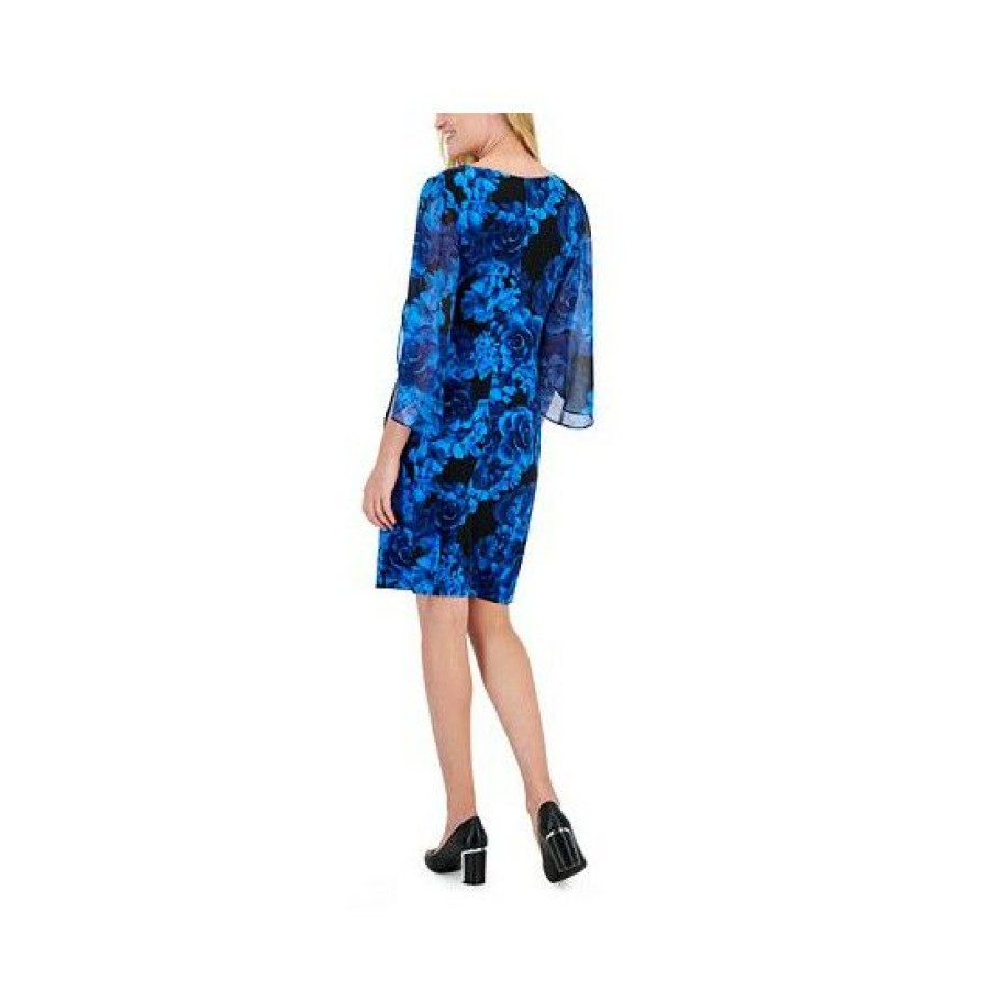 Women * | Outlet Connected Women'S Printed Cape-Sleeve Sheath Dress Sapphire