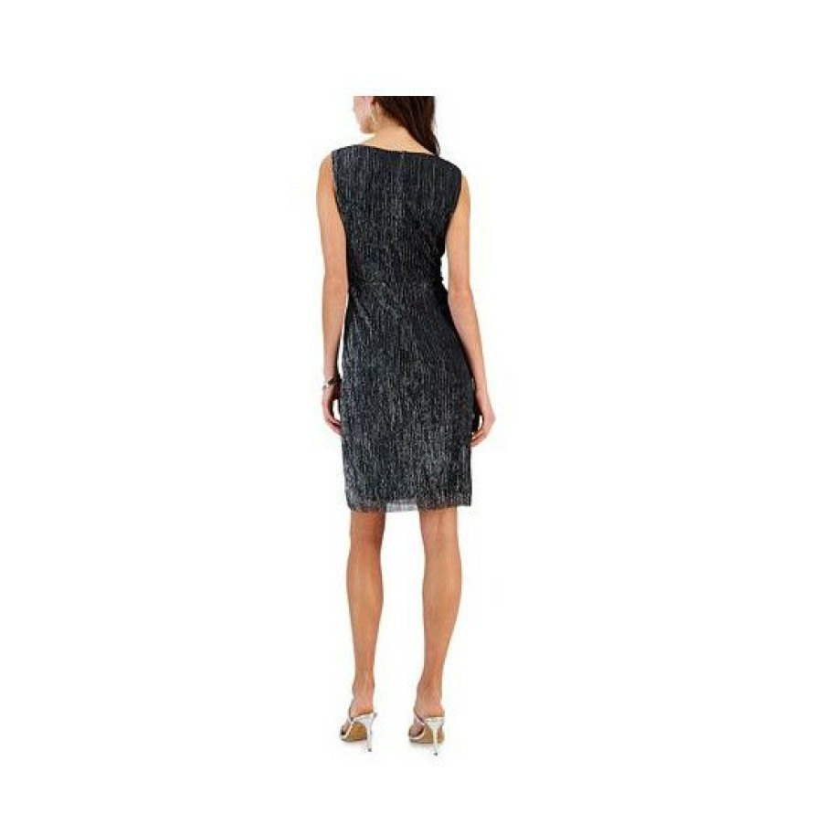 Women * | Brand New Connected Women'S V-Neck Twist-Front Metallic-Jersey Dress Black Silver