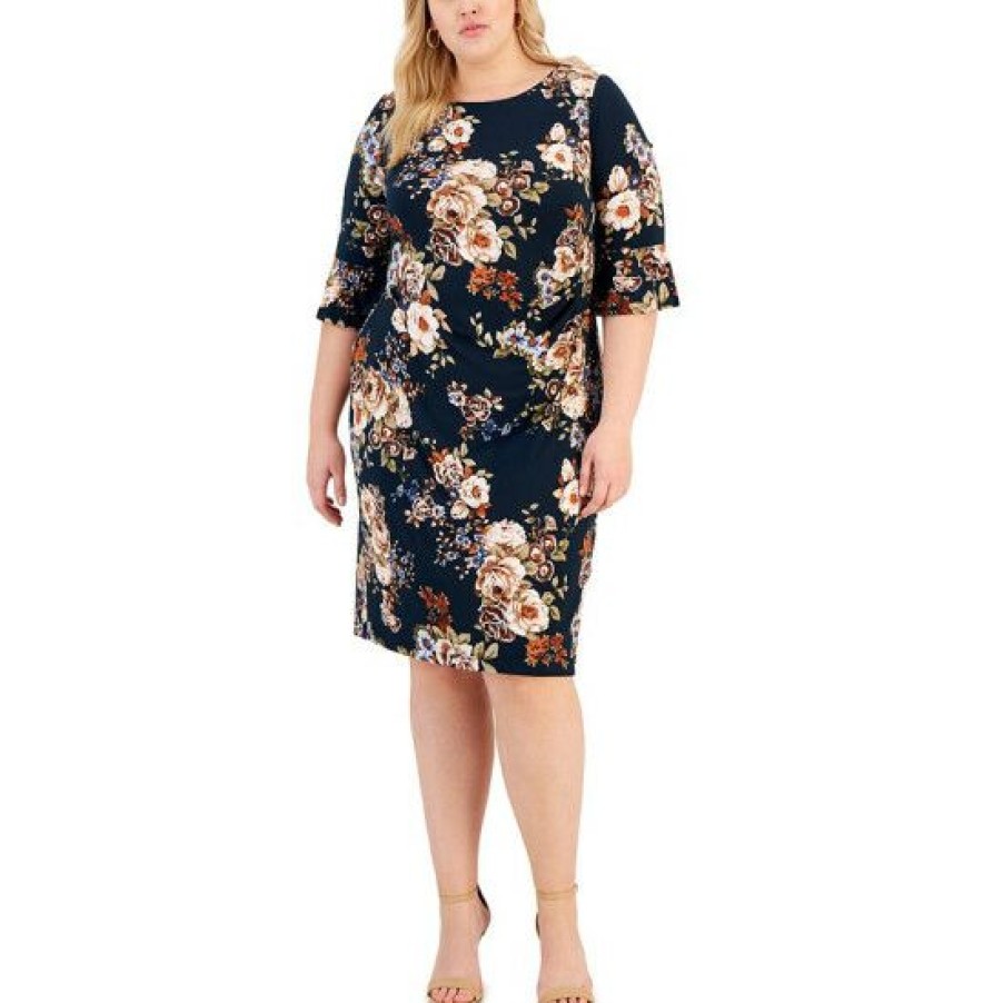 Women * | Best Reviews Of Connected Plus Size Floral-Print Jersey-Knit Sheath Dress Teal