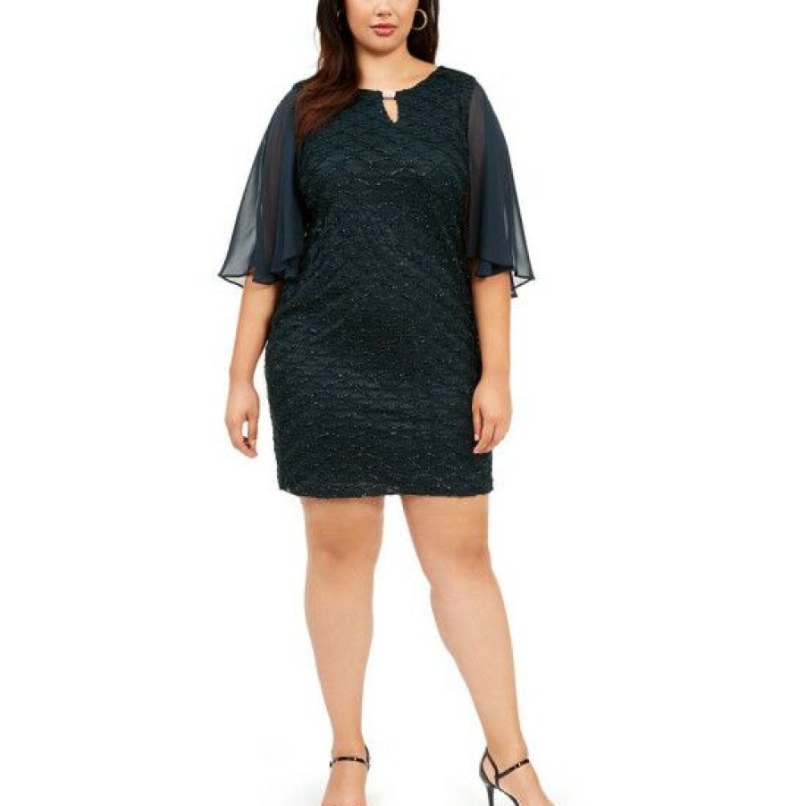 Women * | Best Pirce Connected Plus Size Capelet Sheath Dress Dark Mallard Green