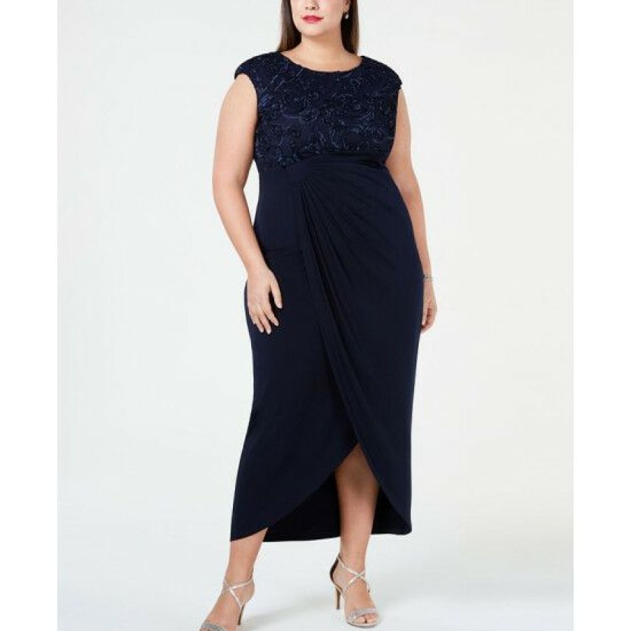 Women * | Best Sale Connected Plus Size Soutache Faux-Wrap Dress Navy