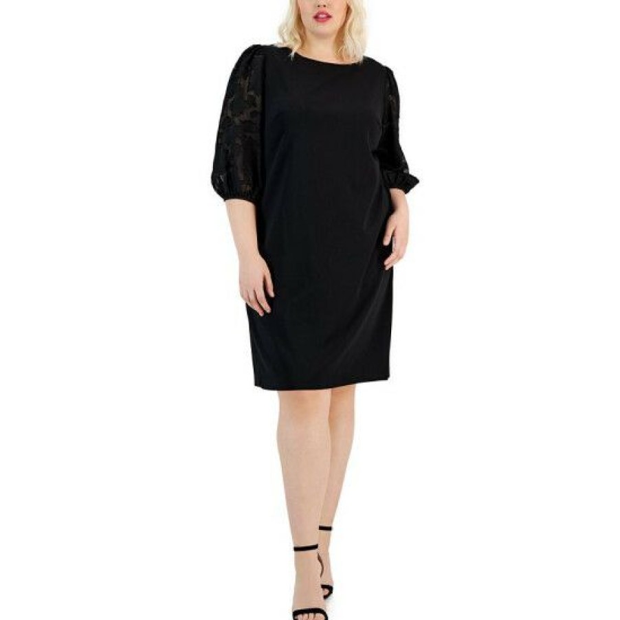 Women * | Flash Sale Connected Plus Size Burnout 3/4-Sleeve Sheath Dress Black