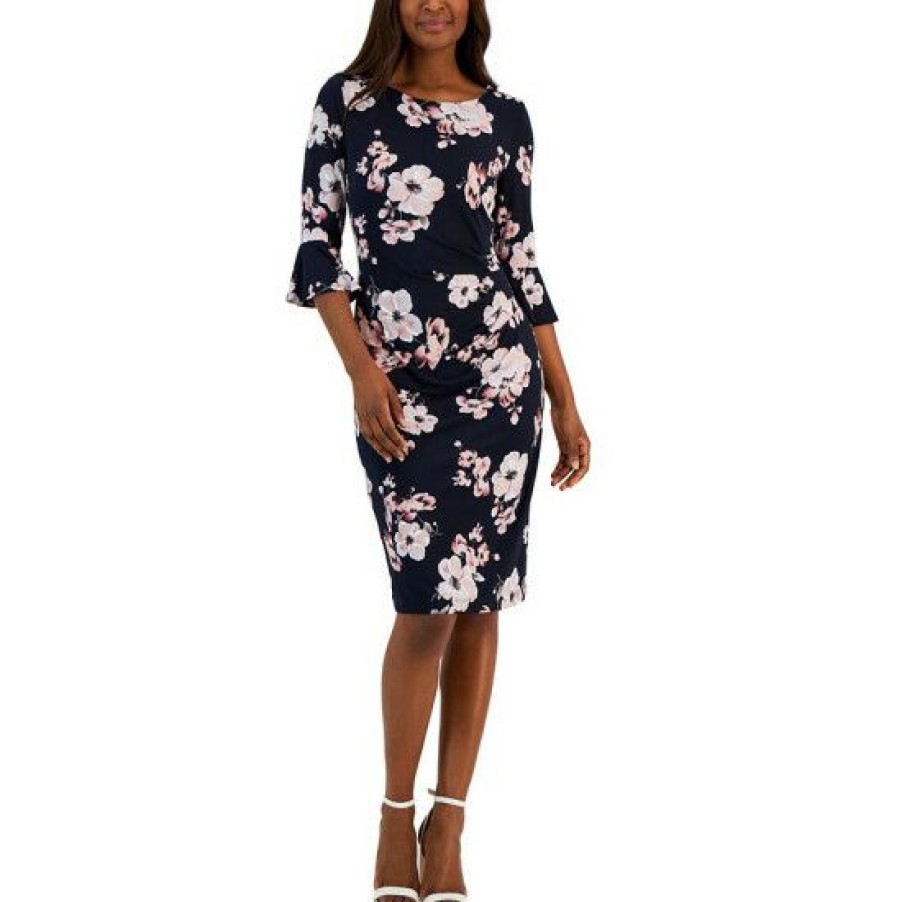 Women * | Promo Connected Women'S Floral-Print Flared-Sleeve Sheath Dress Pink