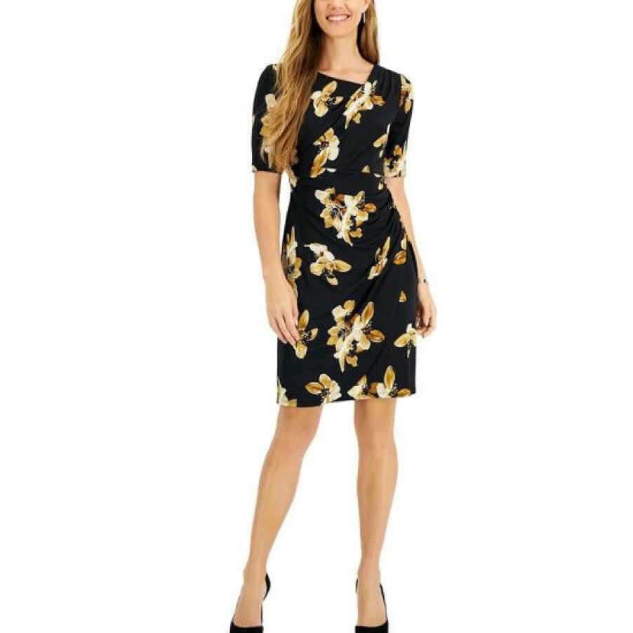 Women * | Cheap Connected Petite Printed Ruched Sheath Dress Mustard