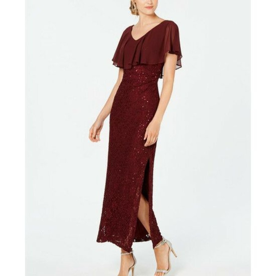 Women * | Cheapest Connected Sequined Lace Chiffon Overlay Gown Bordeaux