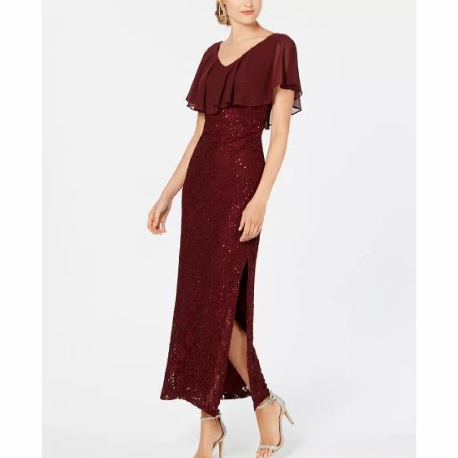 Women * | Cheapest Connected Sequined Lace Chiffon Overlay Gown Bordeaux