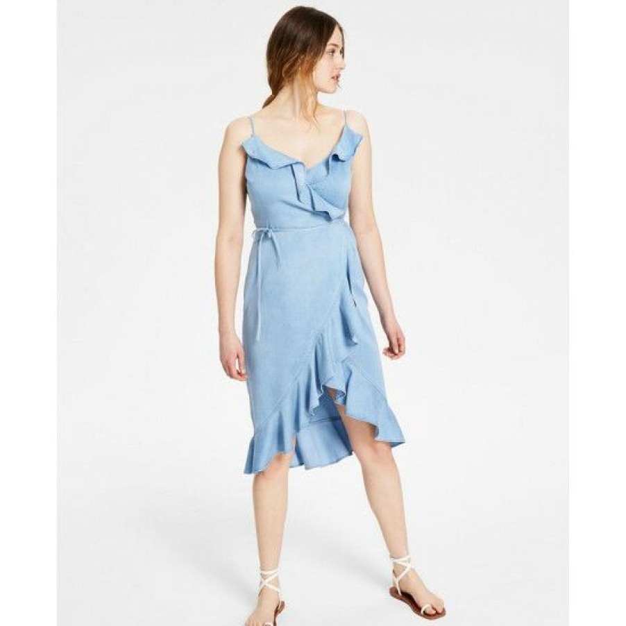 Women * | Promo Bar Iii Women'S Ruffled-Edge Wrap Dress, Created For Macy'S Blue Whisper