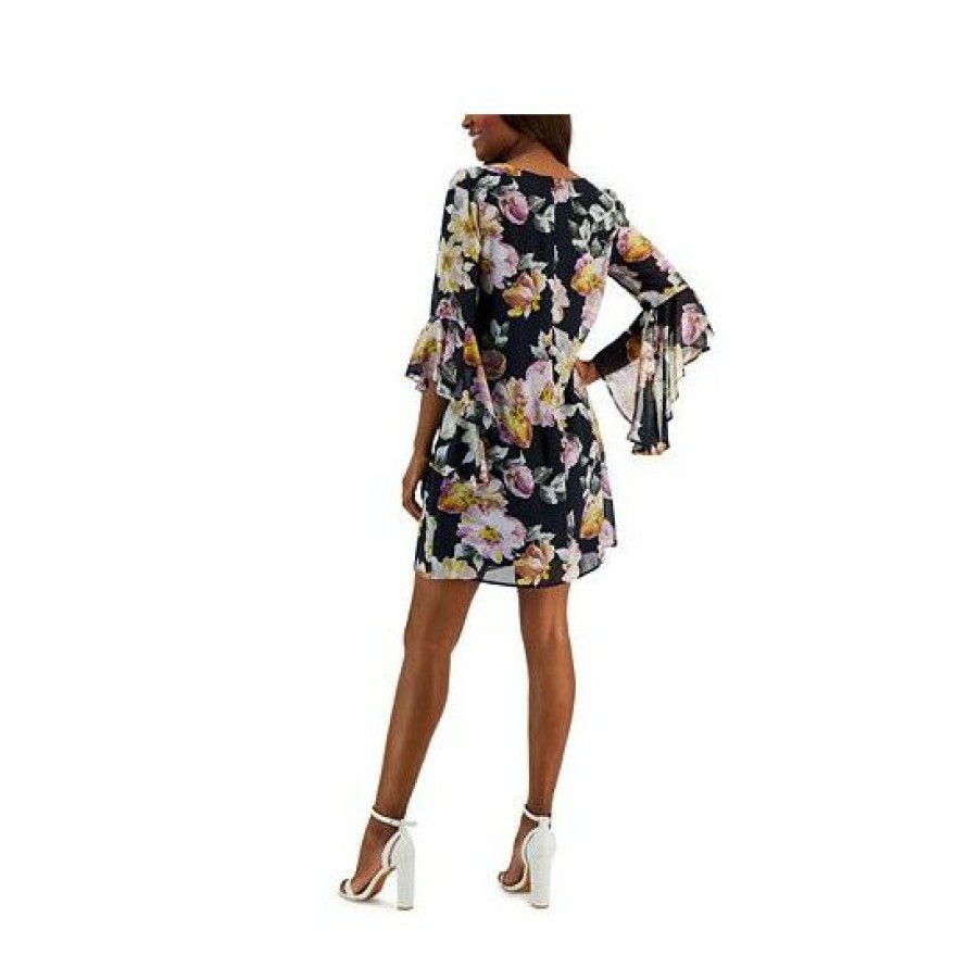 Women * | Budget Connected Women'S Floral-Print Ruffle-Sleeve Dress Navy