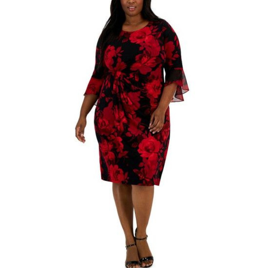 Women * | Buy Connected Plus Size Printed 3/4-Sleeve Side-Tab Dress Red