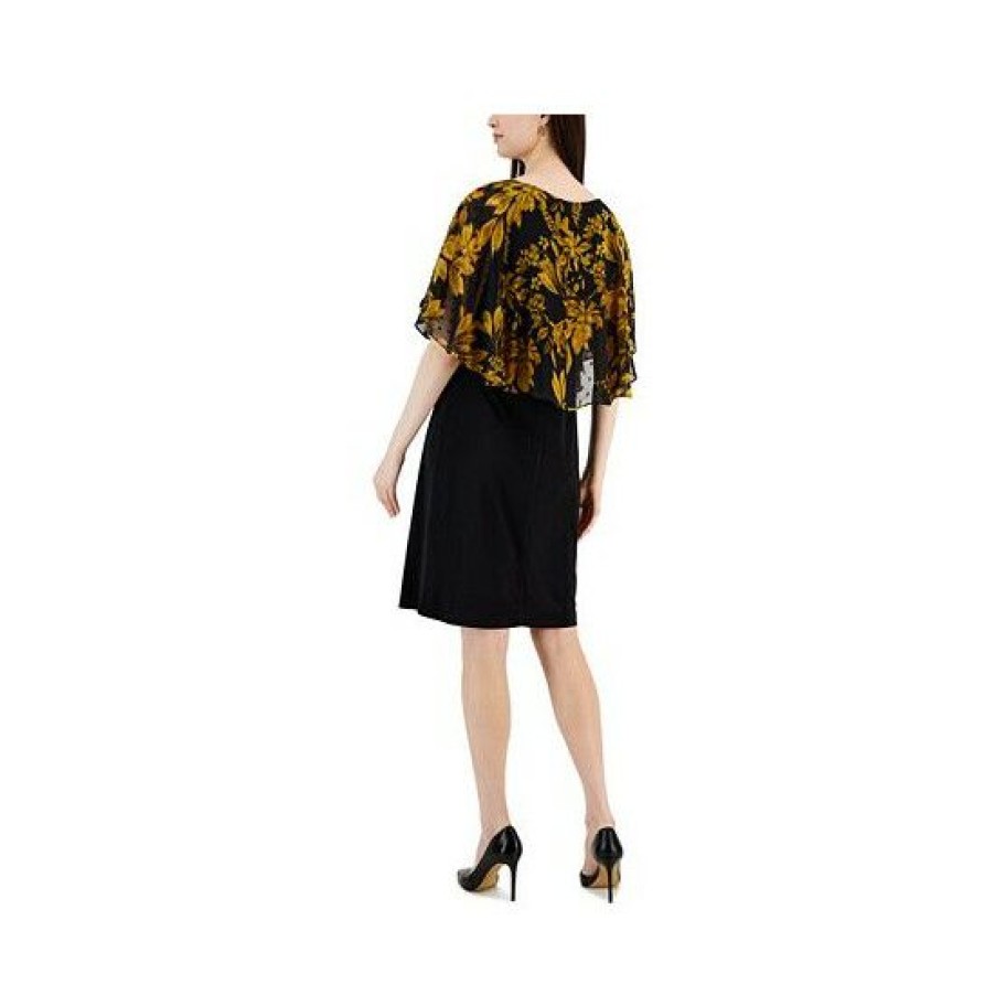 Women * | Promo Connected Women'S Flora-Print Cape-Overlay A-Line Dress Mustard