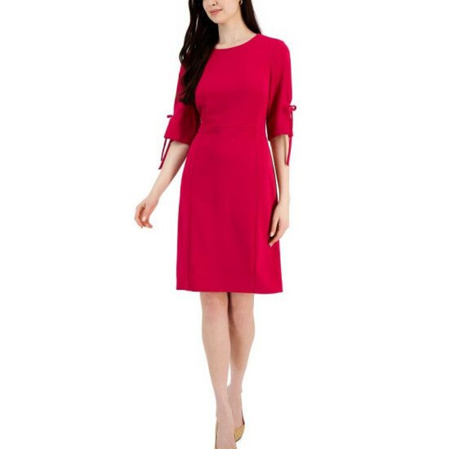 Women * | Cheap Connected Women'S Scuba Crepe Elbow-Length-Tie-Sleeve Sheath Dress Fuschia