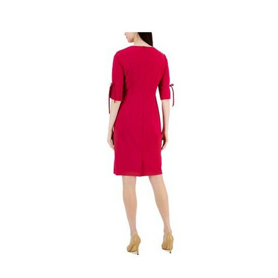 Women * | Cheap Connected Women'S Scuba Crepe Elbow-Length-Tie-Sleeve Sheath Dress Fuschia