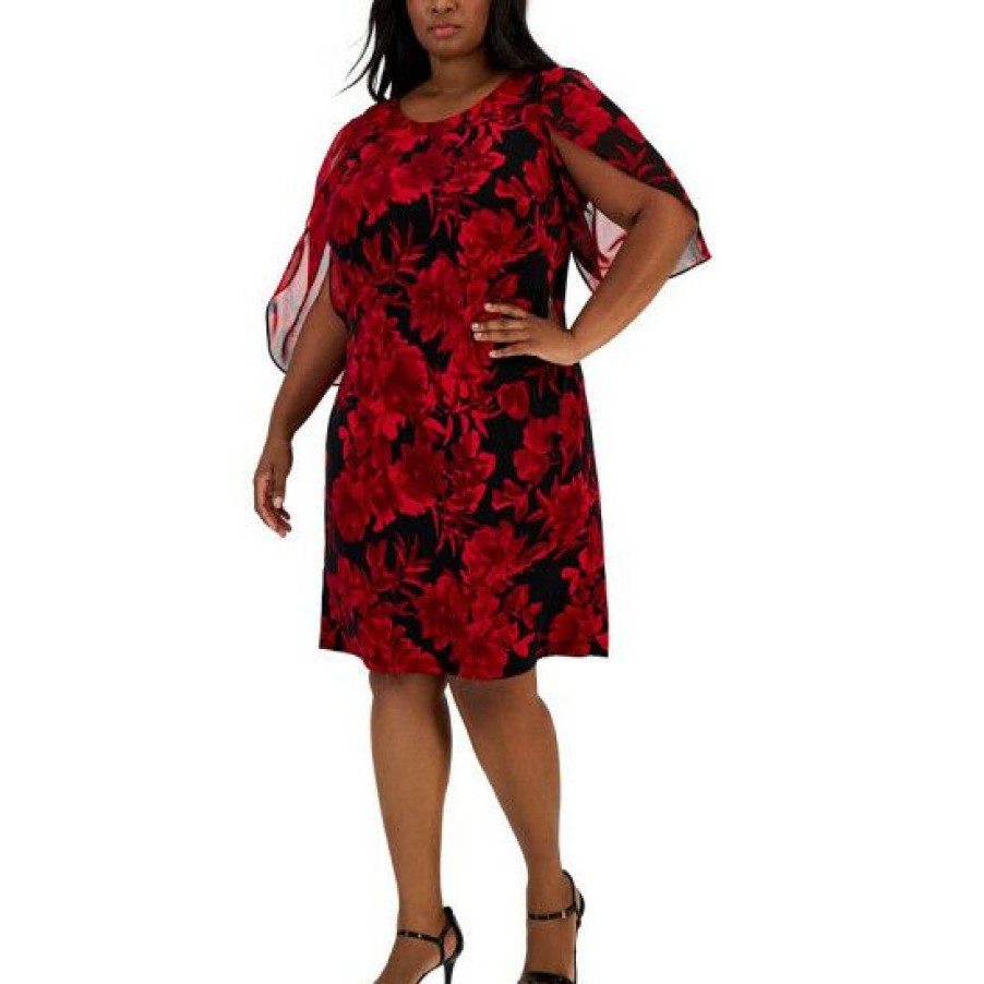 Women * | Discount Connected Plus Size Printed 3/4-Tulip-Sleeve Dress Red