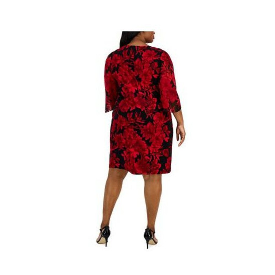 Women * | Discount Connected Plus Size Printed 3/4-Tulip-Sleeve Dress Red