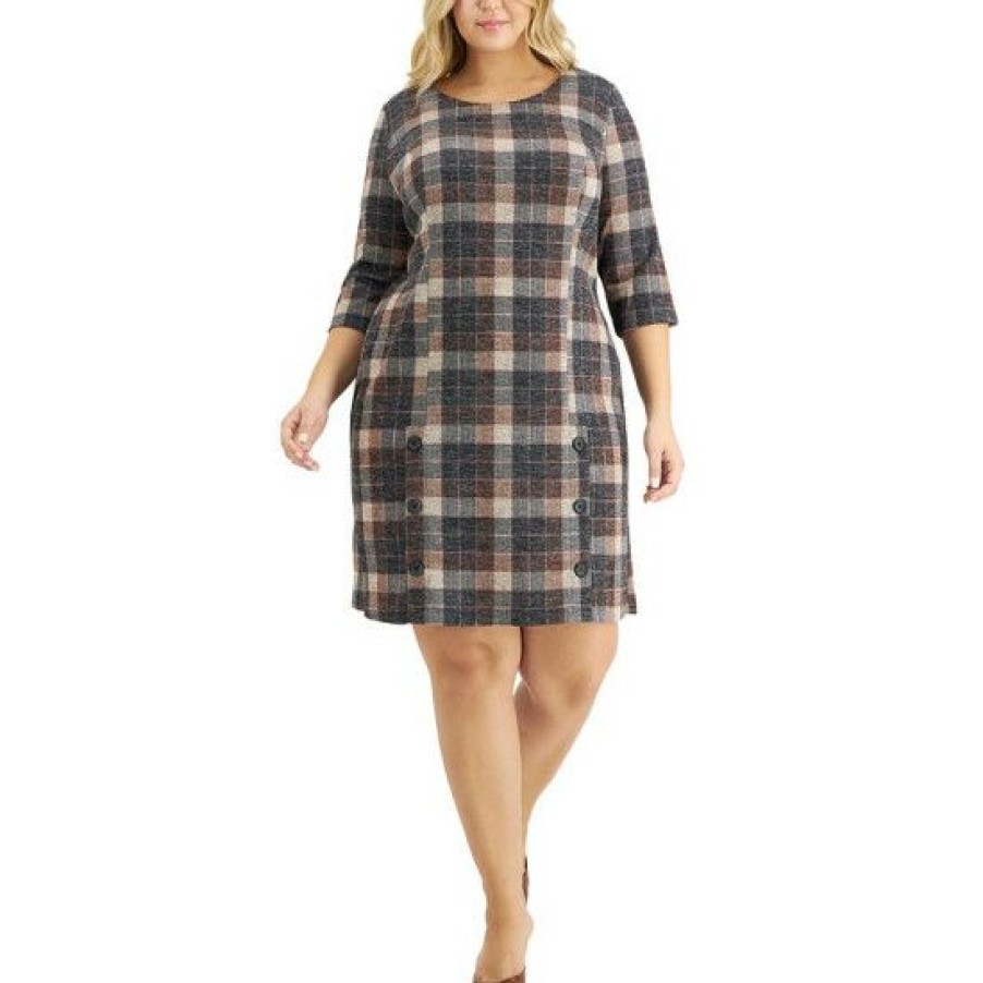 Women * | Best Sale Connected Petite Plaid Button-Trim Sheath Dress Brown