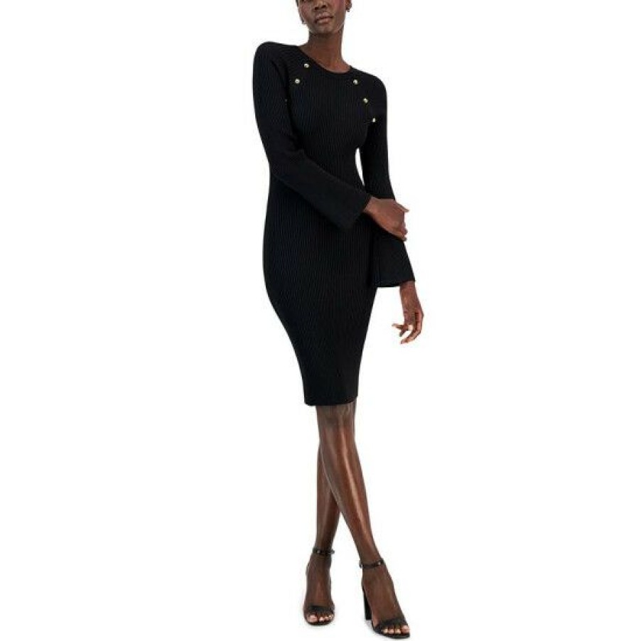 Women * | Outlet Inc International Concepts Women'S Snap-Trim Sweater Dress, Created For Macy'S Deep Black