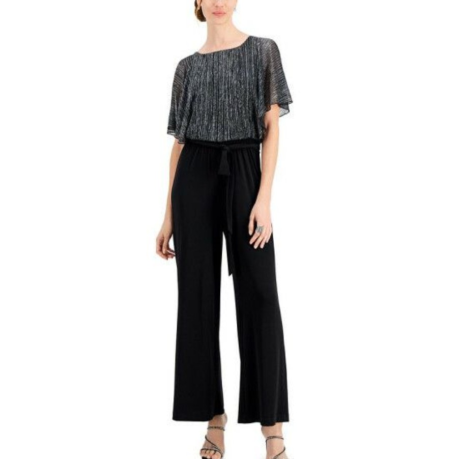 Women * | Best Sale Connected Petite Flutter-Sleeve Shimmering Overlay Jumpsuit Black/Silver