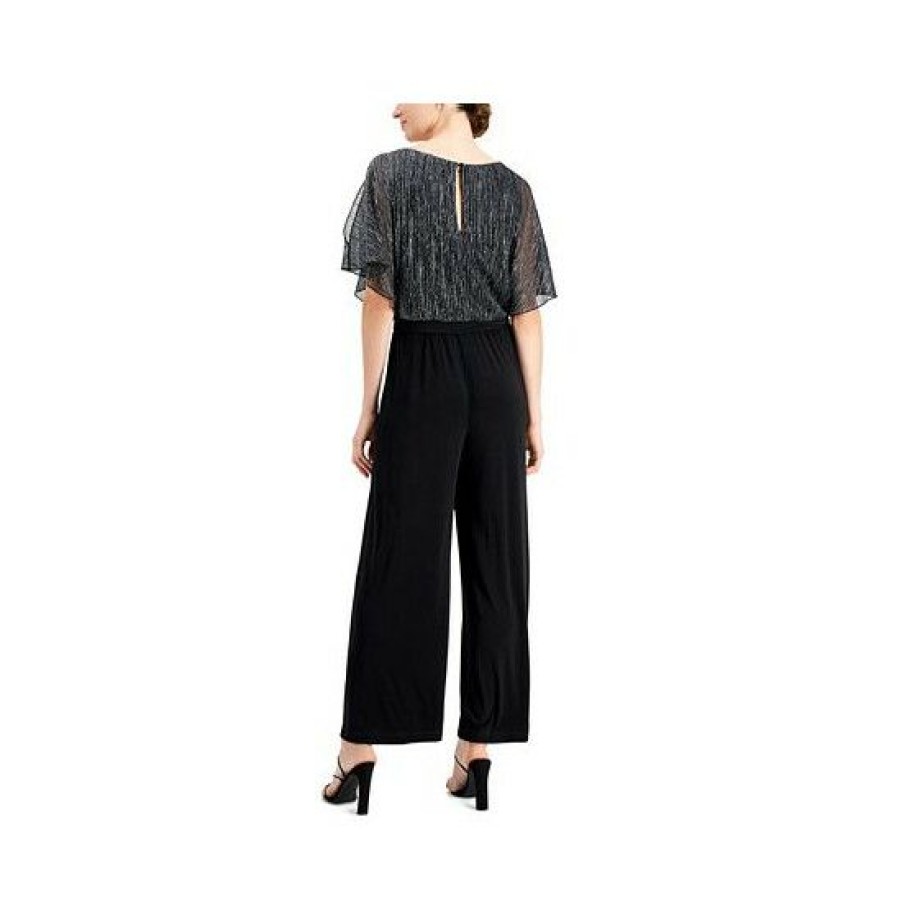 Women * | Best Sale Connected Petite Flutter-Sleeve Shimmering Overlay Jumpsuit Black/Silver