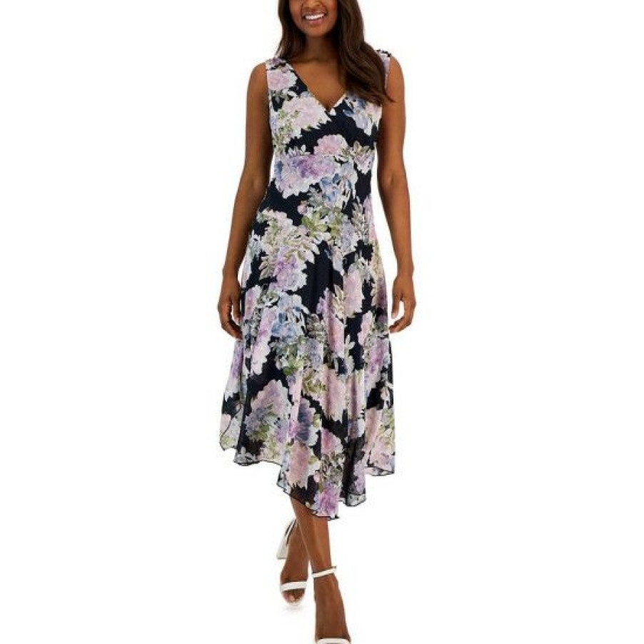 Women * | Discount Connected Women'S Floral-Print Handkerchief-Hem Midi Dress Navy