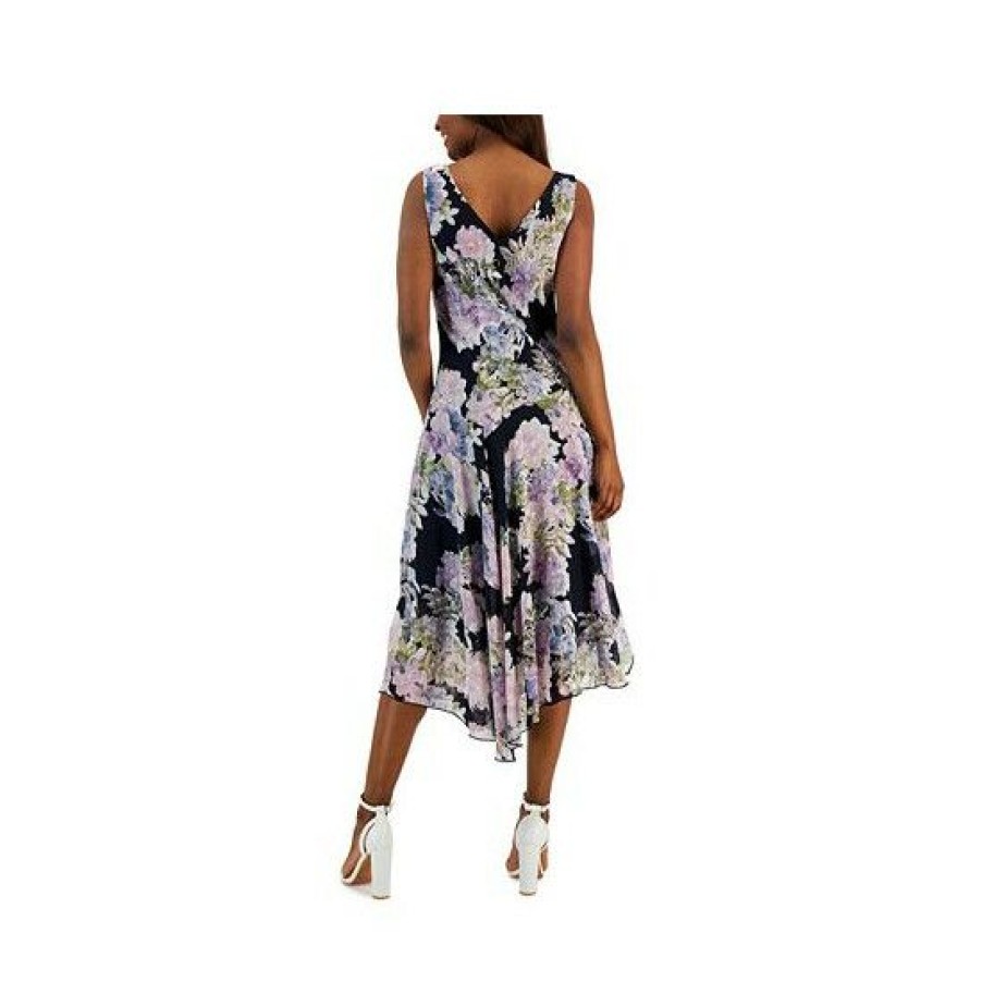 Women * | Discount Connected Women'S Floral-Print Handkerchief-Hem Midi Dress Navy