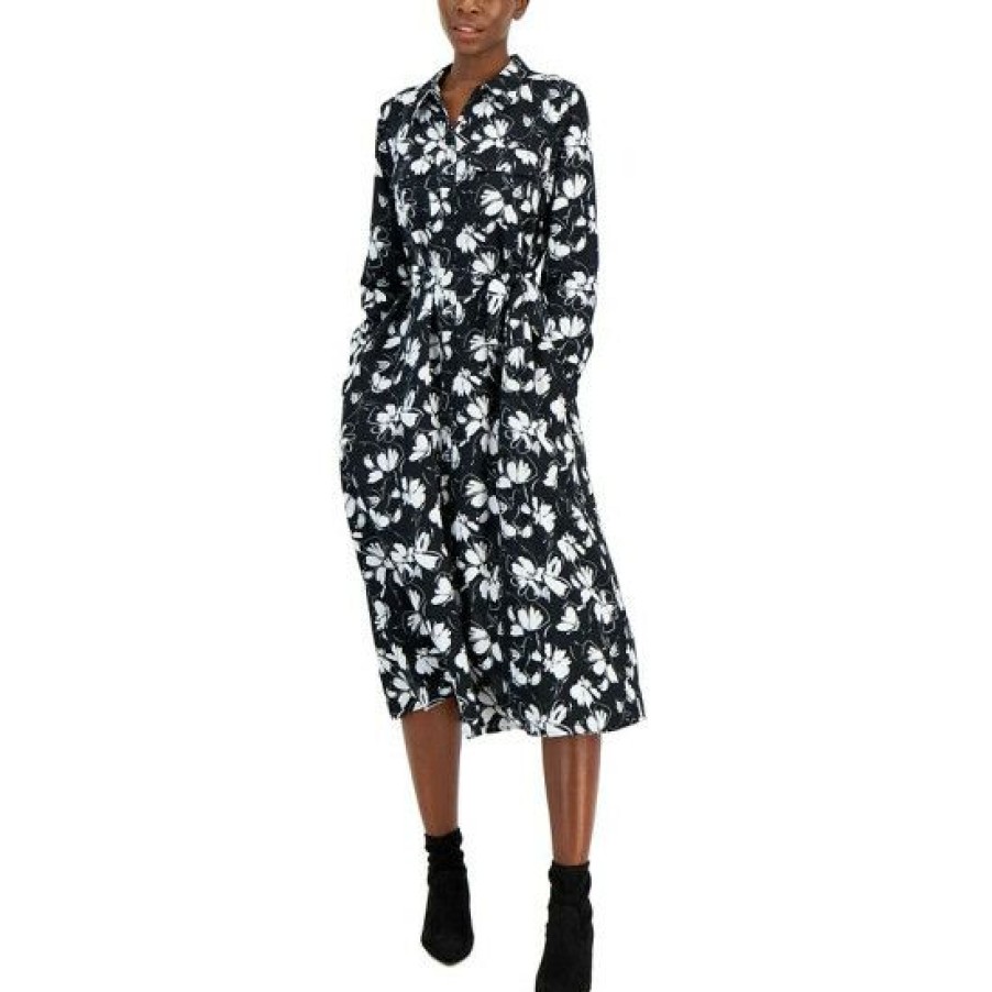 Women * | Hot Sale Alfani Petite Printed Tie-Waist Shirtdress, Created For Macy'S Black Floral Flow