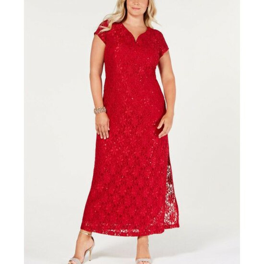 Women * | Best Deal Connected Plus Size Sequined Lace Gown Red