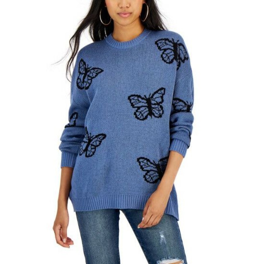 Women * | Coupon Just Polly Juniors' Butterfly Crewneck Sweater Blue