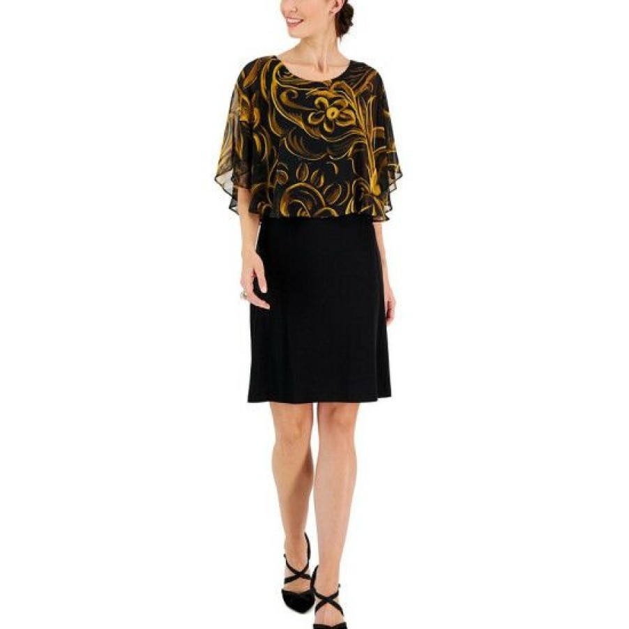 Women * | Best Reviews Of Connected Petite Printed-Overlay Jersey-Knit Dress Black/Mustard