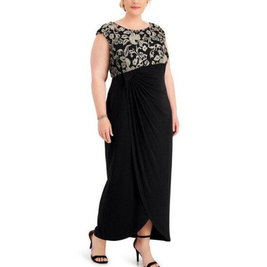 Women * | Deals Connected Plus Size Embroidered Gathered-Waist Gown Champagne